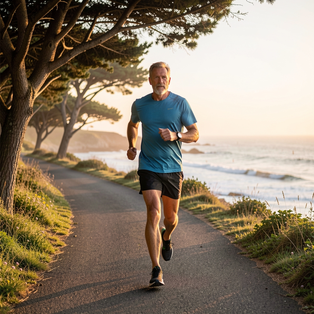 Endurance runner in his forties moving along a shaded coastal path at dawn