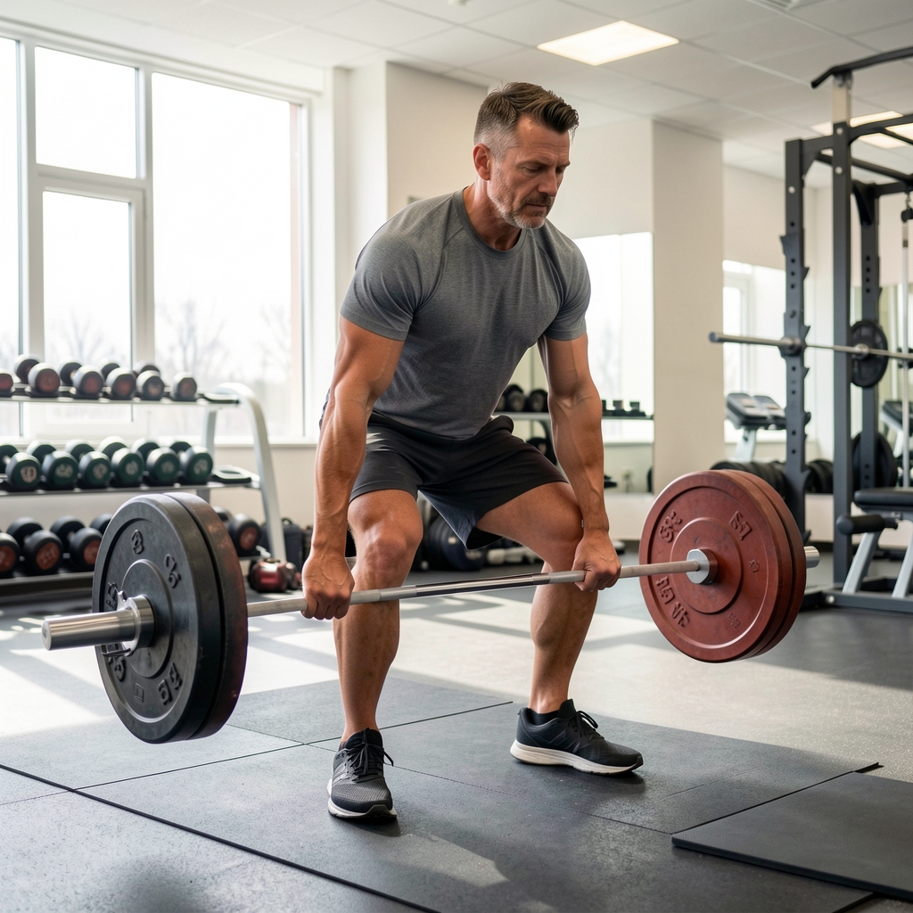 Man over thirty-five performing controlled barbell deadlift in a bright training studio