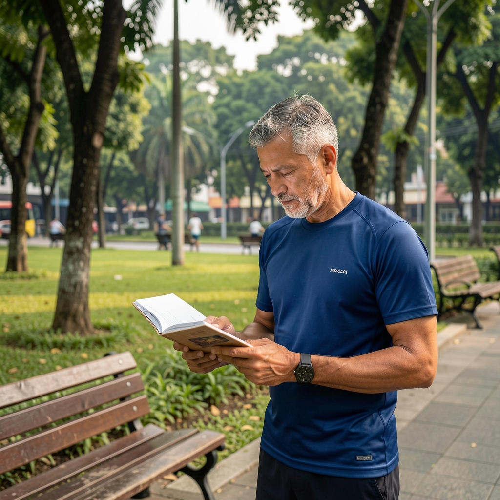 Mature male runner reviewing a training notebook beside a quiet Jakarta park