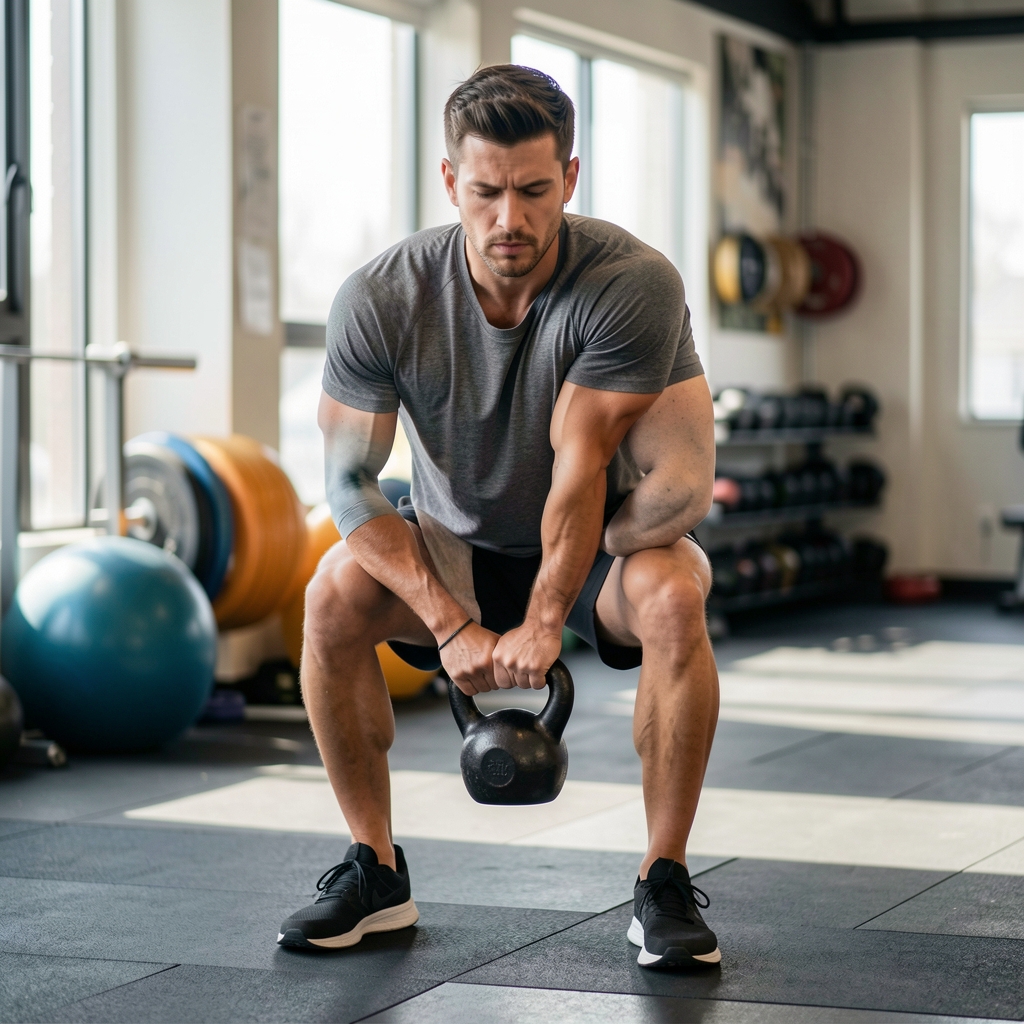 Man performing functional training with kettlebell, demonstrating strength and focus