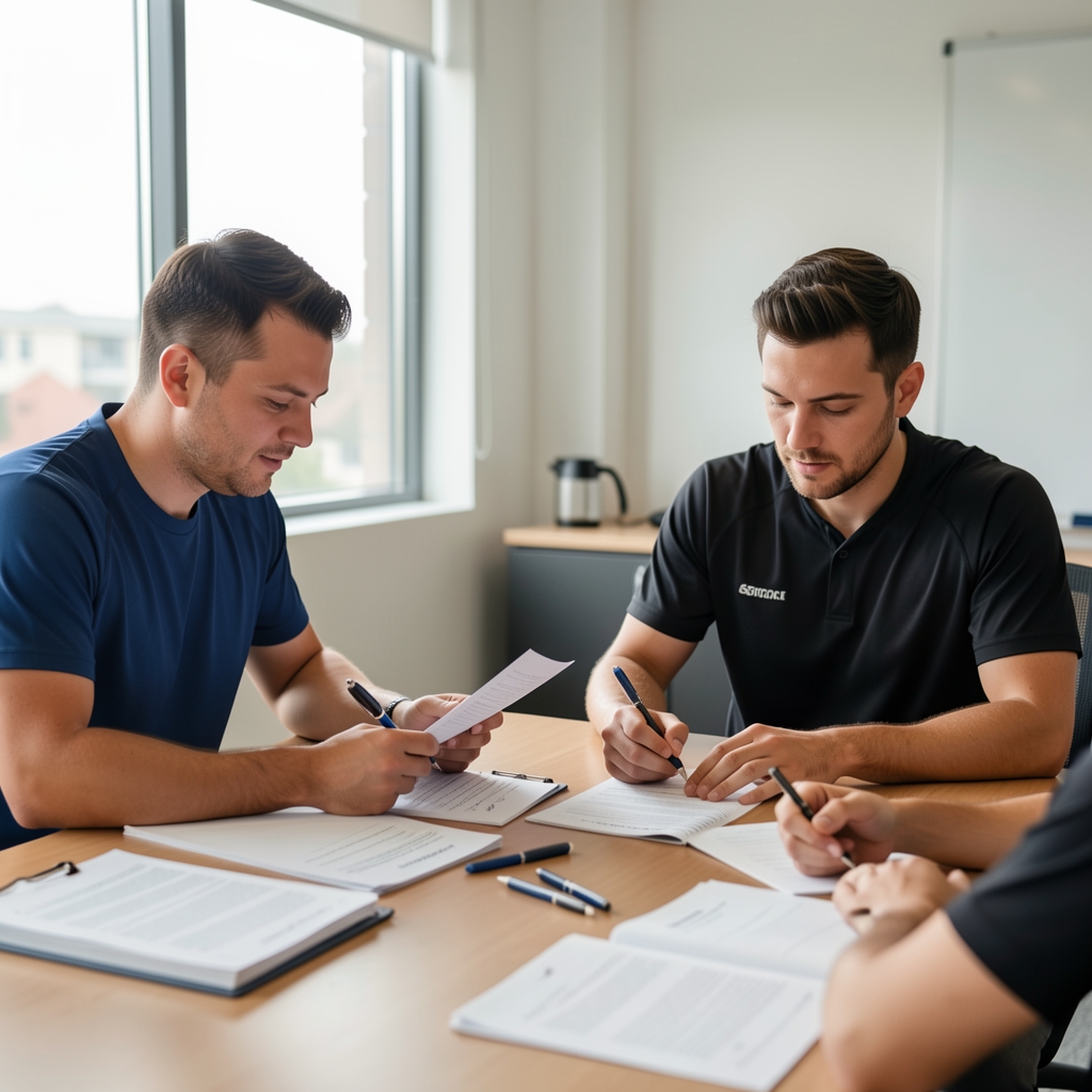 Editor and sports scientist reviewing research papers and training notes at a shared table