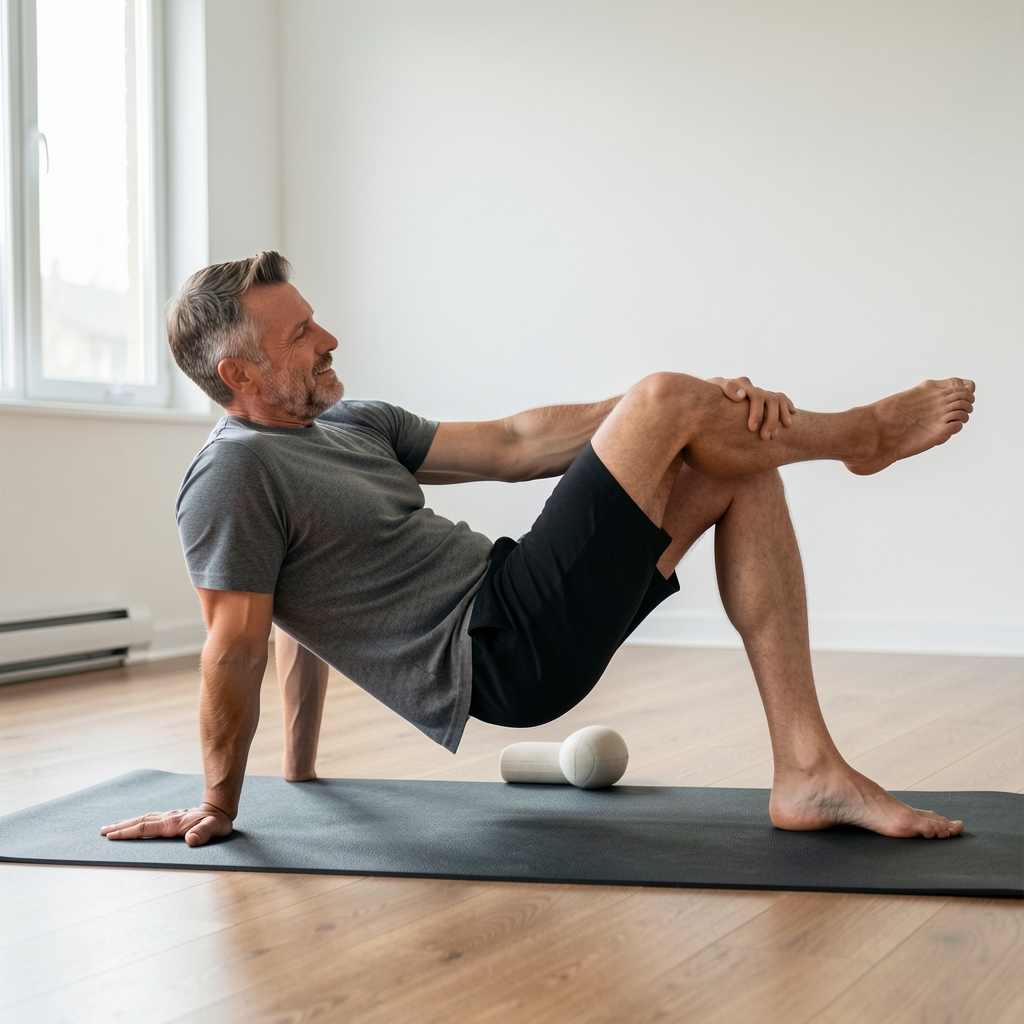 Man over thirty-five performing controlled hip mobility exercise on a studio mat