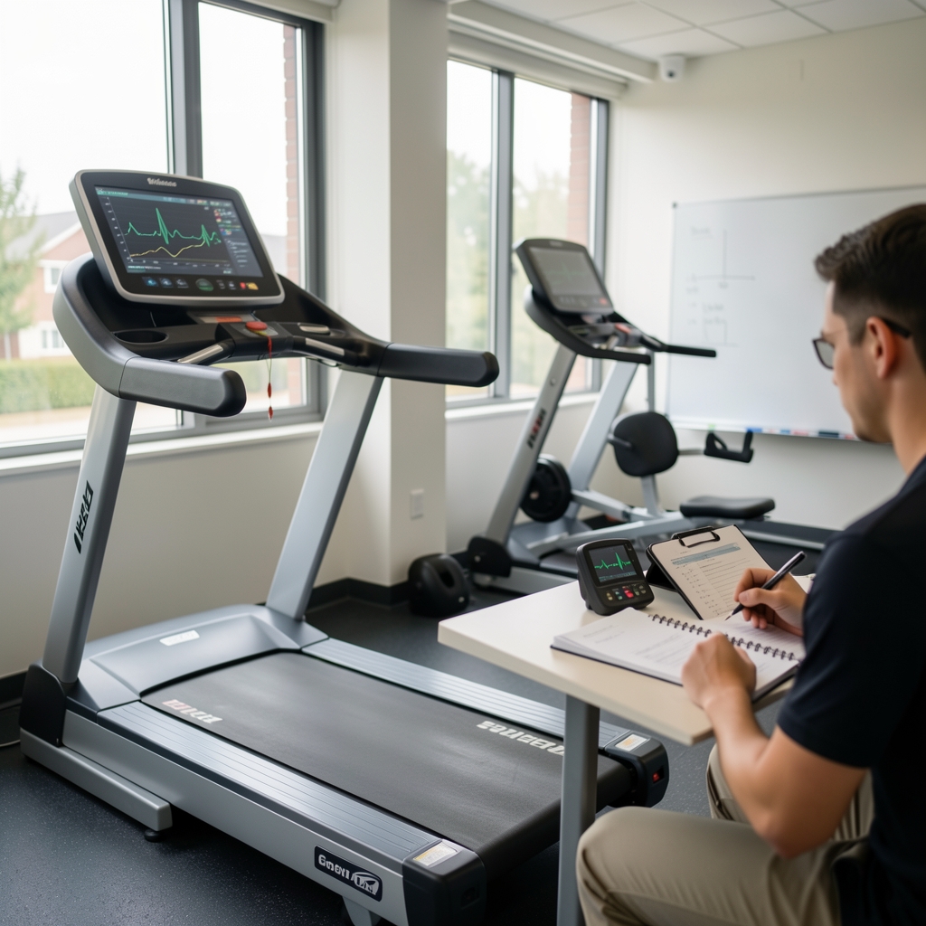 Sports physiology laboratory with treadmill, heart rate monitor, and researcher notes