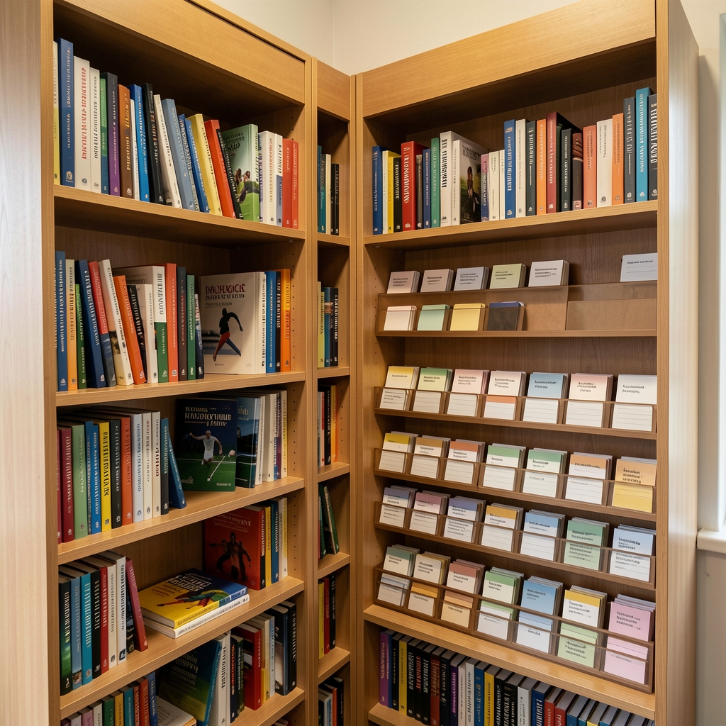 Small sports science library with journals, books, and neatly arranged reference cards