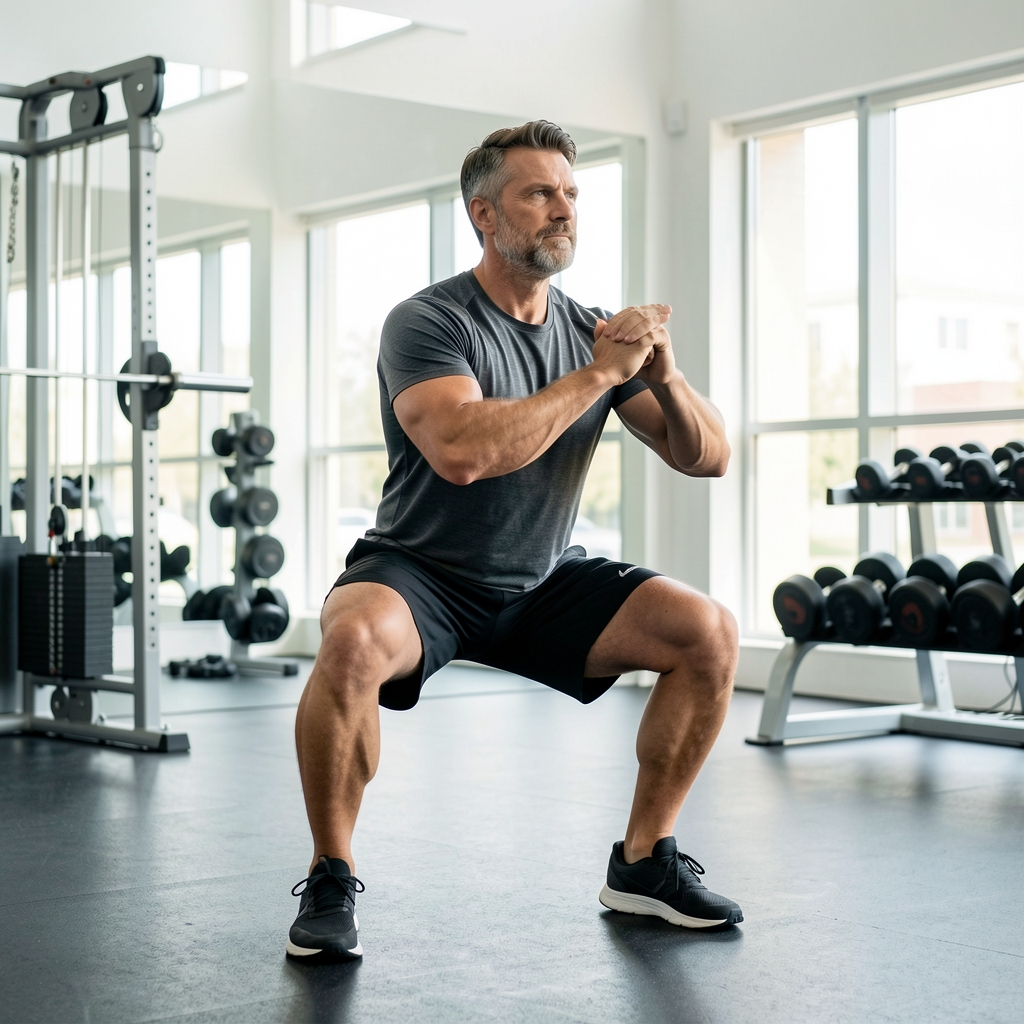 Man aged over thirty-five practicing a controlled split squat in an airy gym