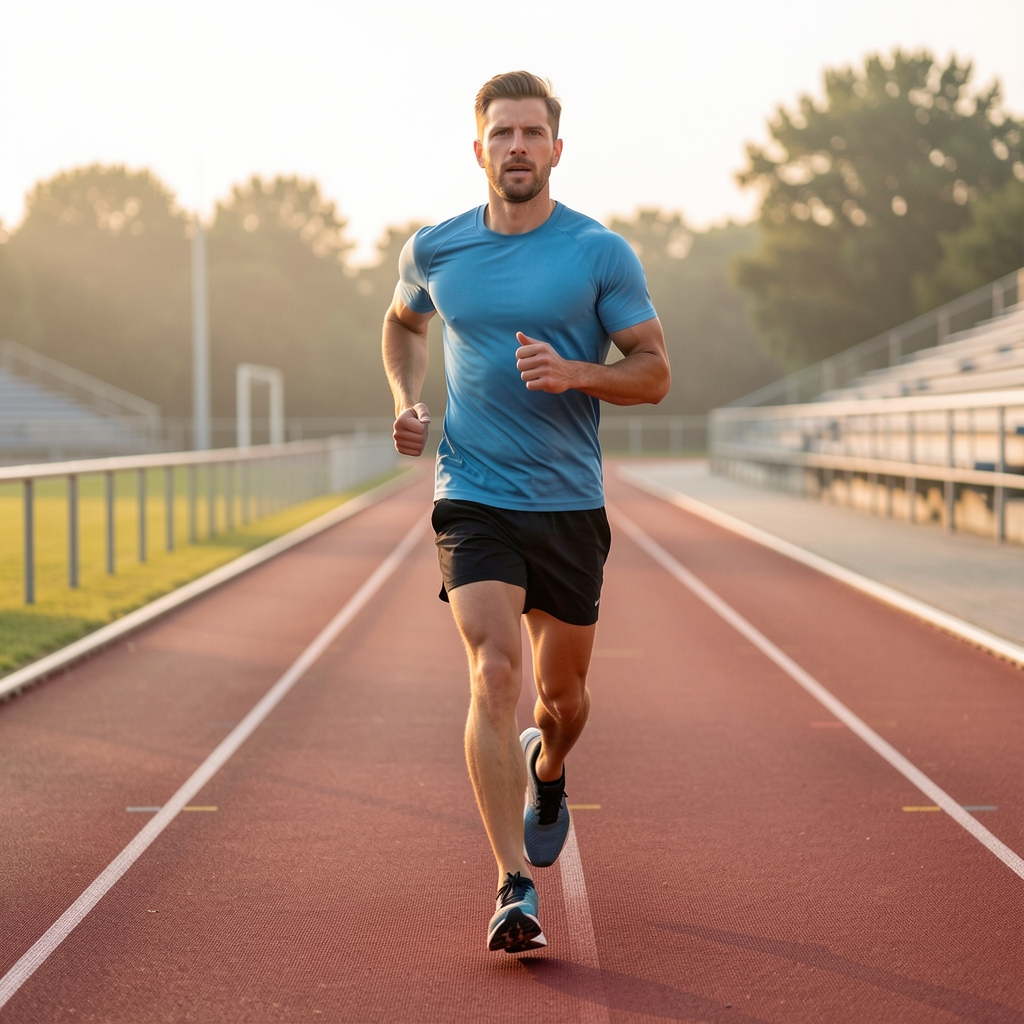 Male endurance athlete jogging on a quiet athletics track under soft morning light
